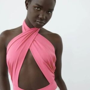 Zara Crossover Pink Halter Bodysuit